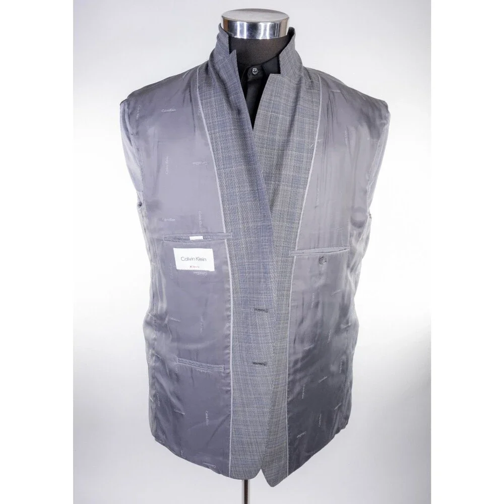 Calvin Klein 2-Pcs Plaid Gray Wool Suit Jacket Blazer 46R Pants 42X28 2-Button
